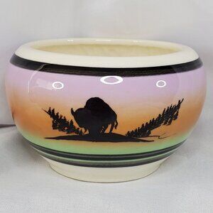 Native American Pottery Bowl Sunset Buffalo By Swift Eagle 4x3" Handmade